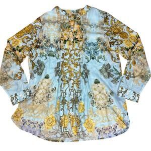 Soft Surroundings Floral Baroque Button Front Tunic Top L Sheer Layered Blouse